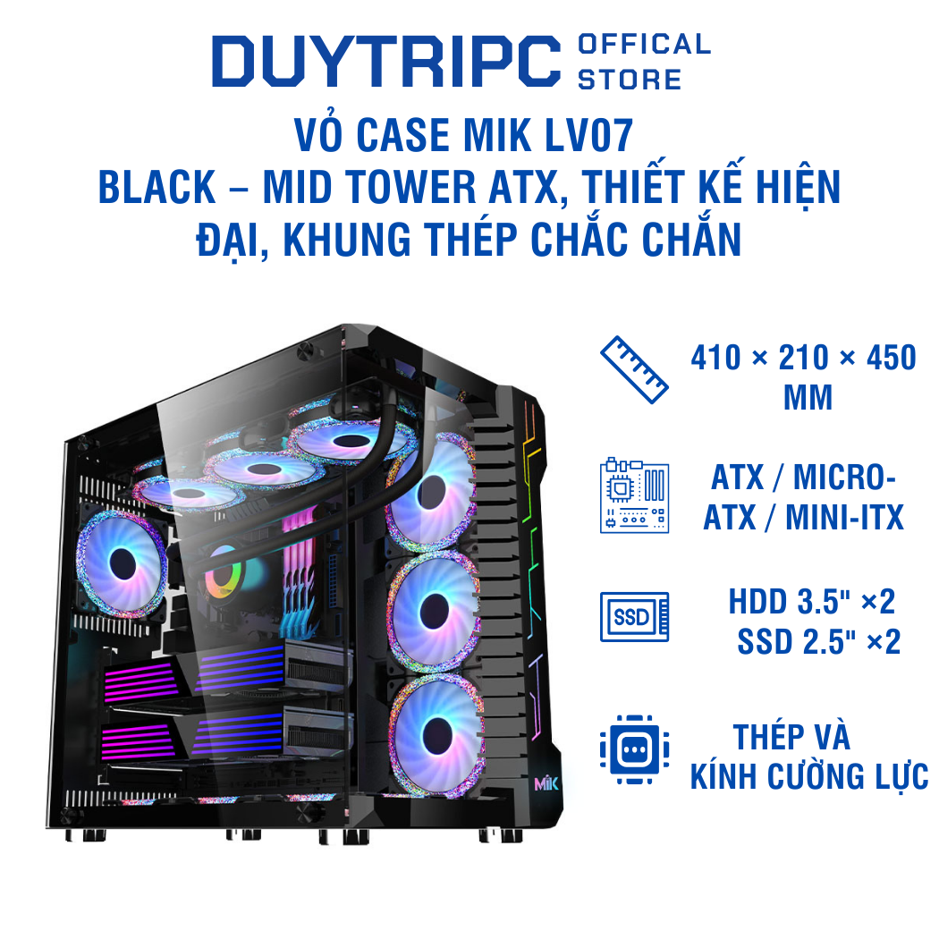 Vỏ Case MIK LV07 Black – Mid Tower ATX, thiết kế hiện đại, khung thép chắc chắn, airflow ổn định, dễ build PC